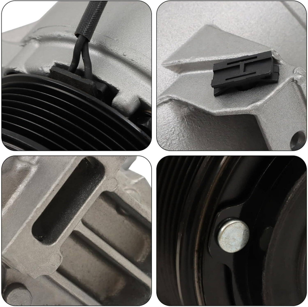 A/C compressor close-up details of wiring connector, housing parts, and pulley ribs