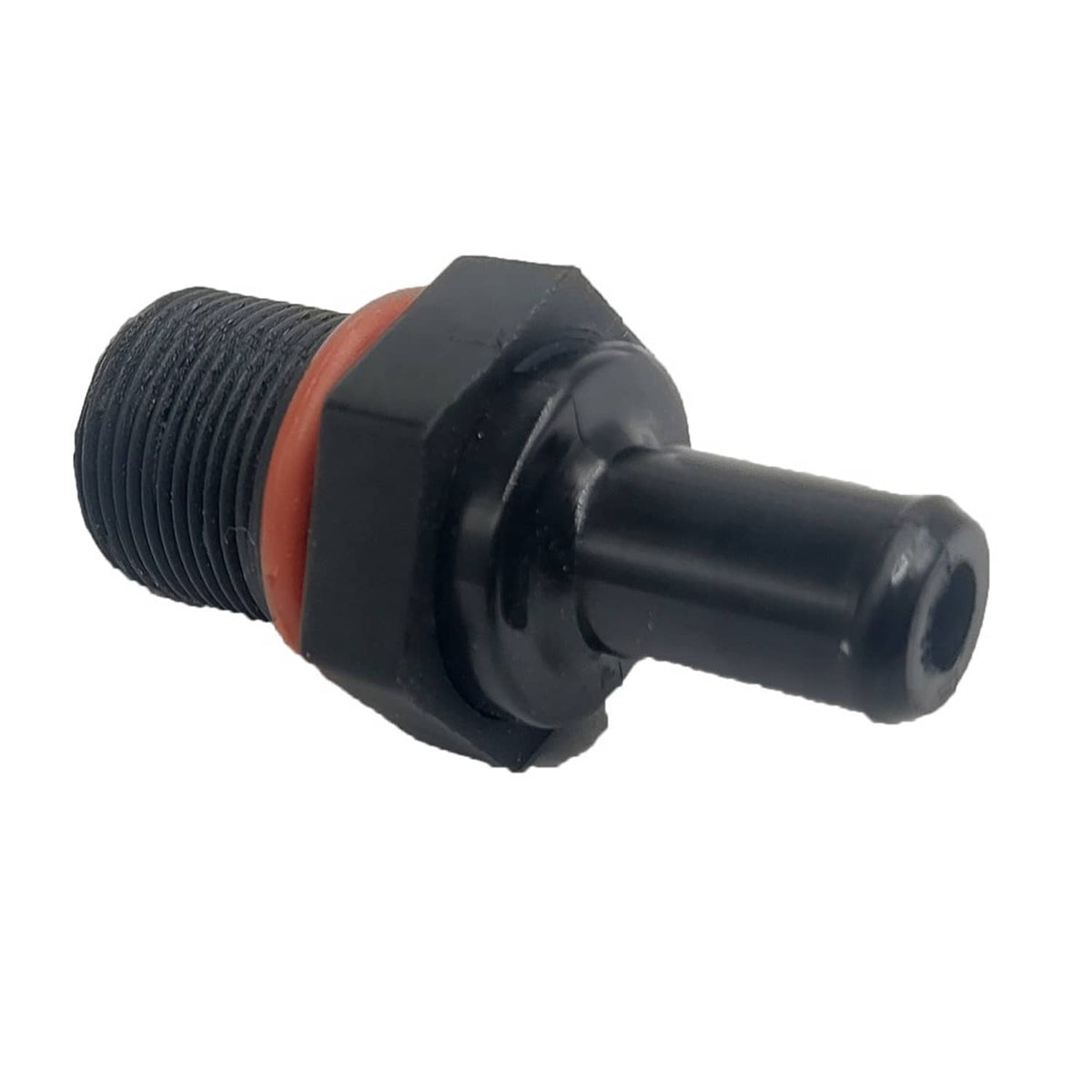 PCV valve fitting with black housing, orange O-ring, and ridged threaded section