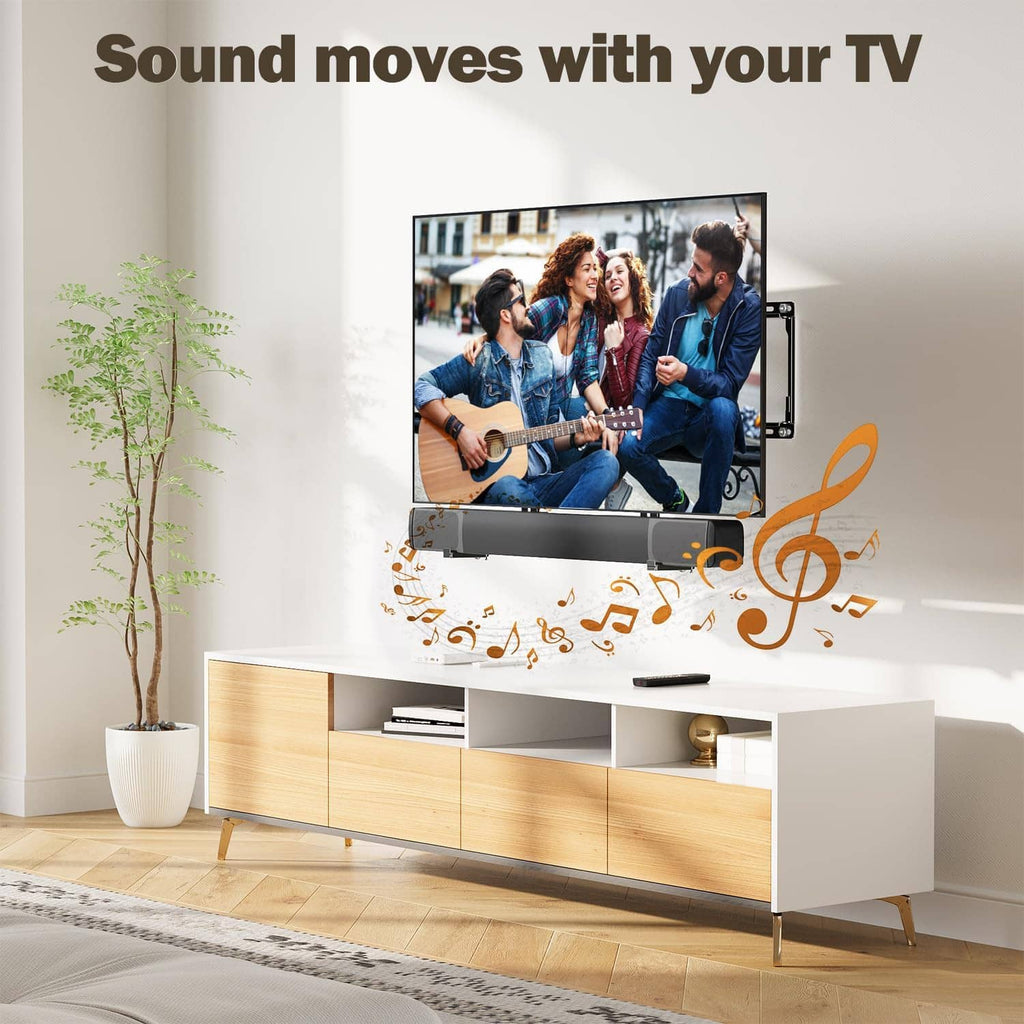 Soundbar mount bracket designed to move with the TV, securing with rails and arms