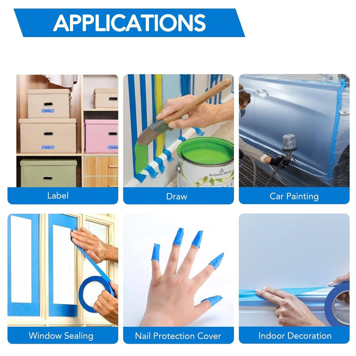 Blue painters tape shown for label work, drawing, window sealing, nail protection, and more
