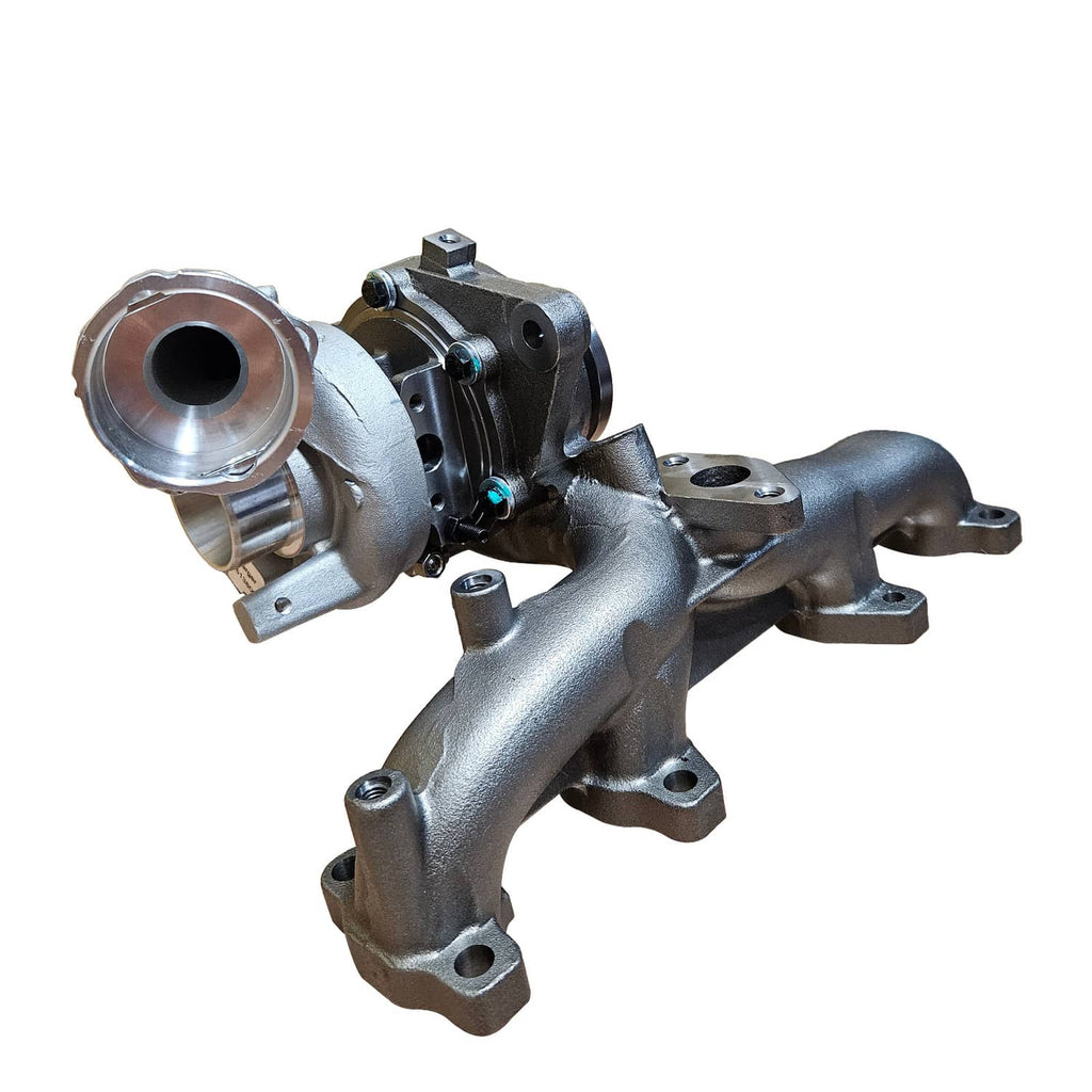 Turbocharger with turbine inlet housing and black actuator, angled view
