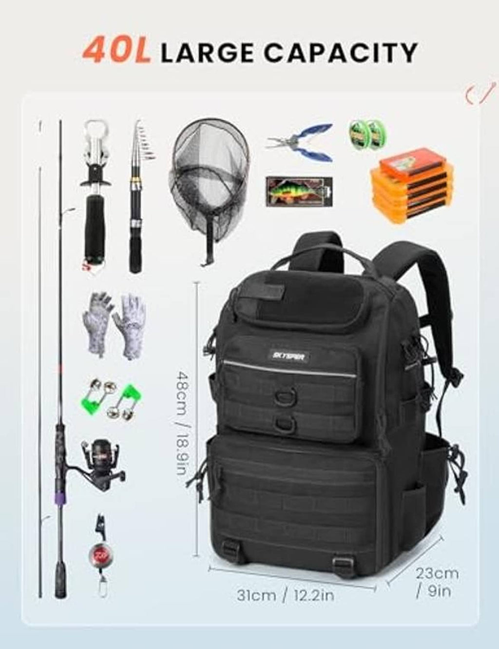 Black fishing tackle backpack with large front compartments and rod holder for gear storage