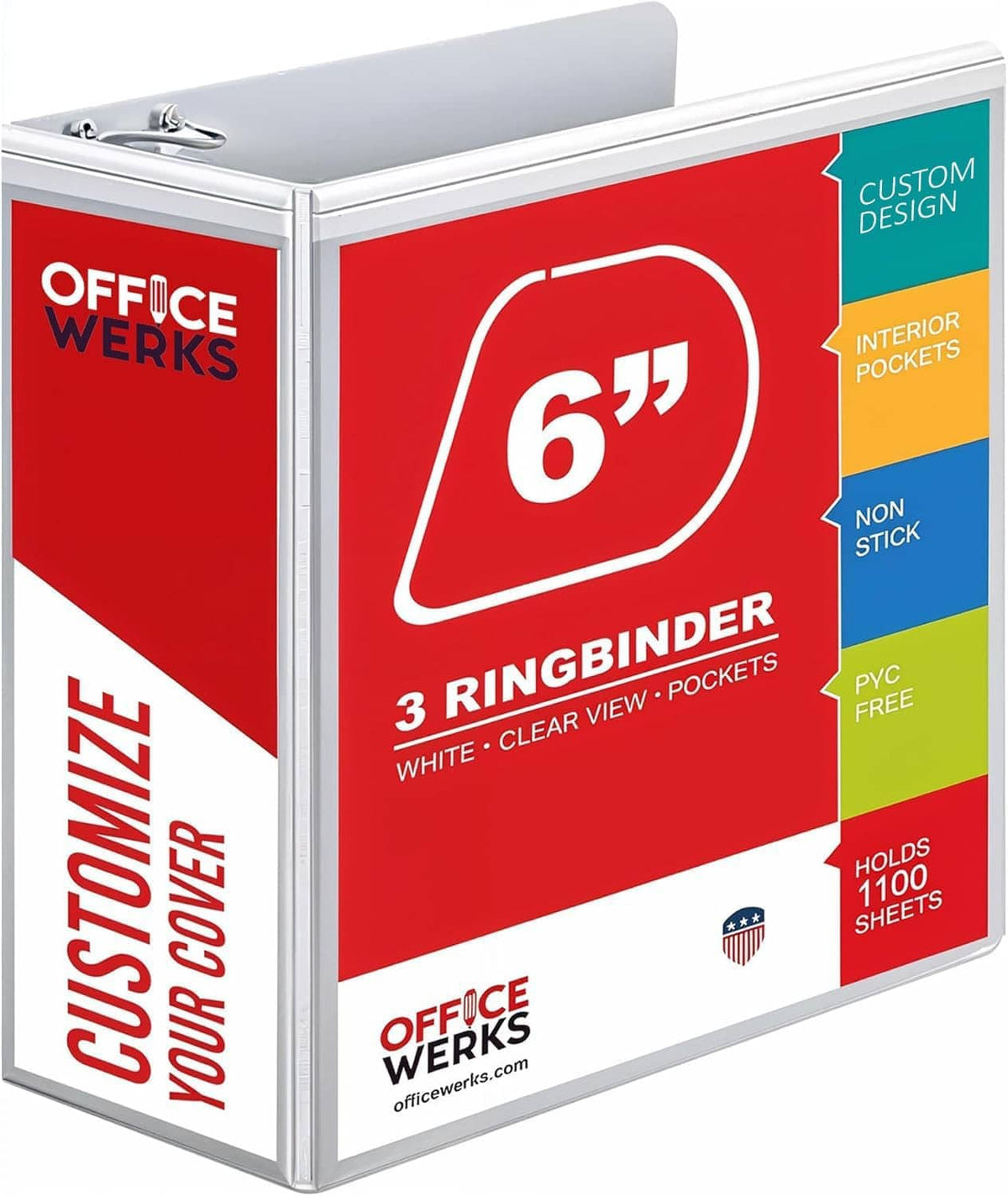 3-ring binder front cover with interior pockets and non-stick PVC-free materials label