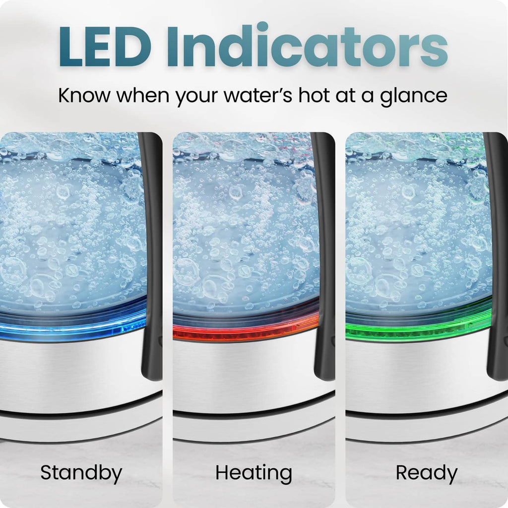 Stainless steel electric kettle with LED indicator lights on the control panel.