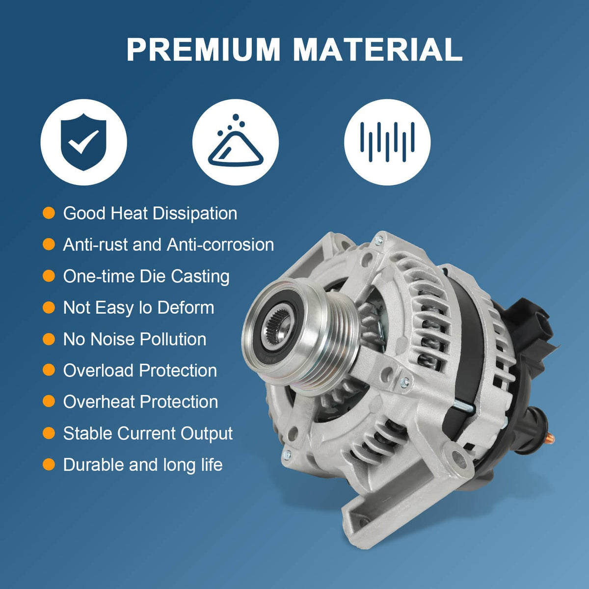 Automotive alternator with ribbed housing and metal pulley, premium silver finish