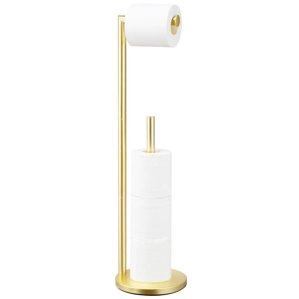 Freestanding toilet paper holder stand with white base and gold vertical pole