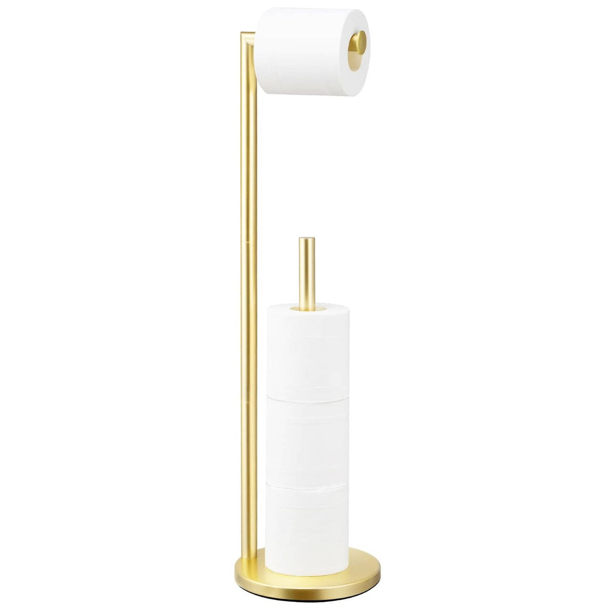 Freestanding toilet paper holder stand with white base and gold vertical pole