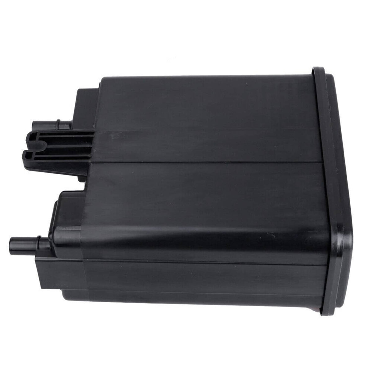 Black EVAP vapor canister side view with rounded corner and connector inlet