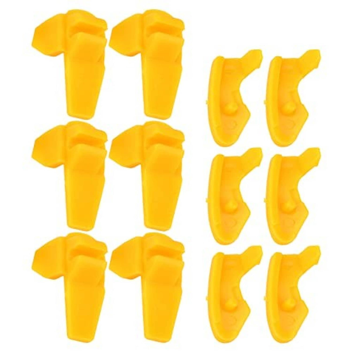 Tire rim mounting tool set showing yellow clips and curved hook pieces