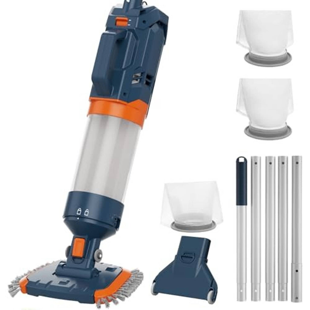 Cordless pool vacuum accessories set with pole, brush head, filter units, and tubes