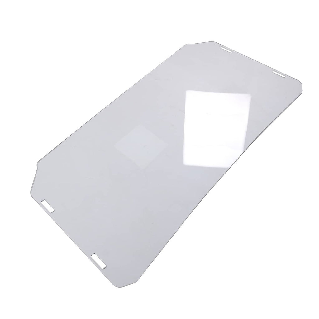Clear windshield panel angled view with cutouts and mounting slots