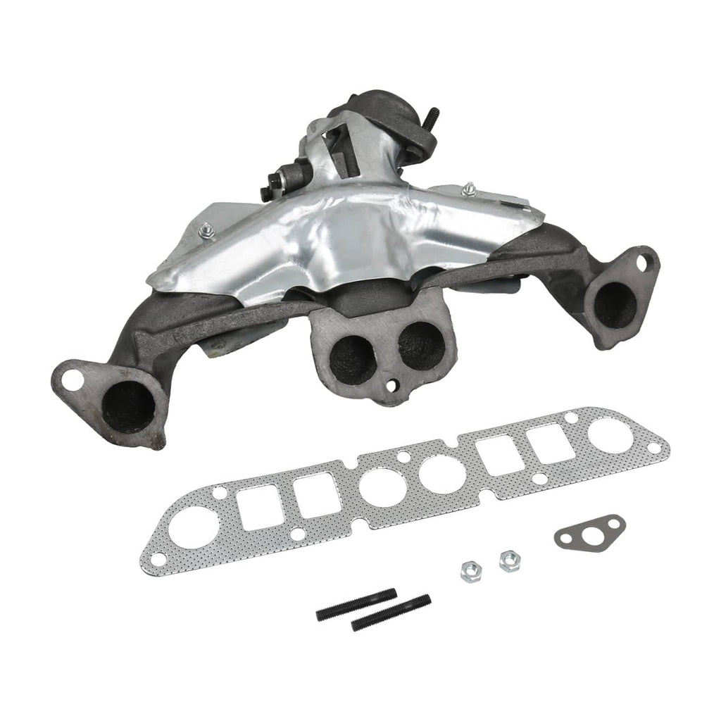 Exhaust manifold with gasket kit, silver and black components with included gaskets and fasteners