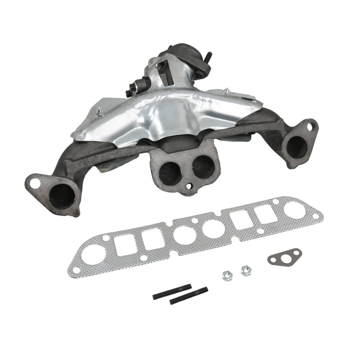 Exhaust manifold with gasket kit, silver and black components with included gaskets and fasteners