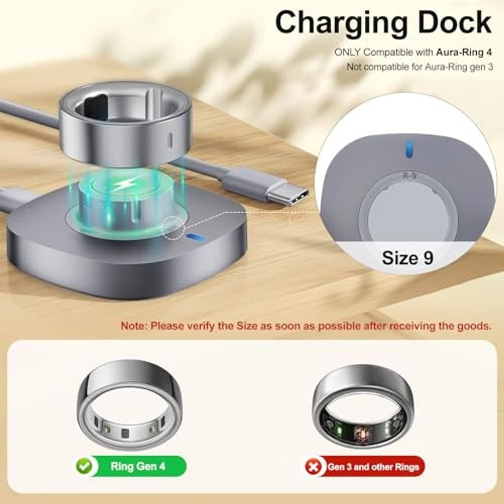 Charging dock with ring cradle and USB-C cable, size 9 fit shown