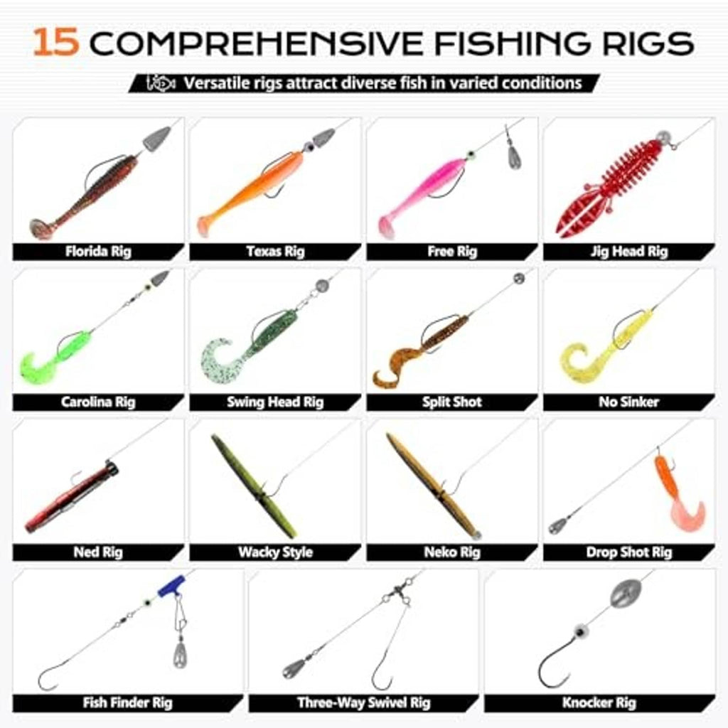 Set of fishing rigs on a grid, with lures and hooks in multiple colors