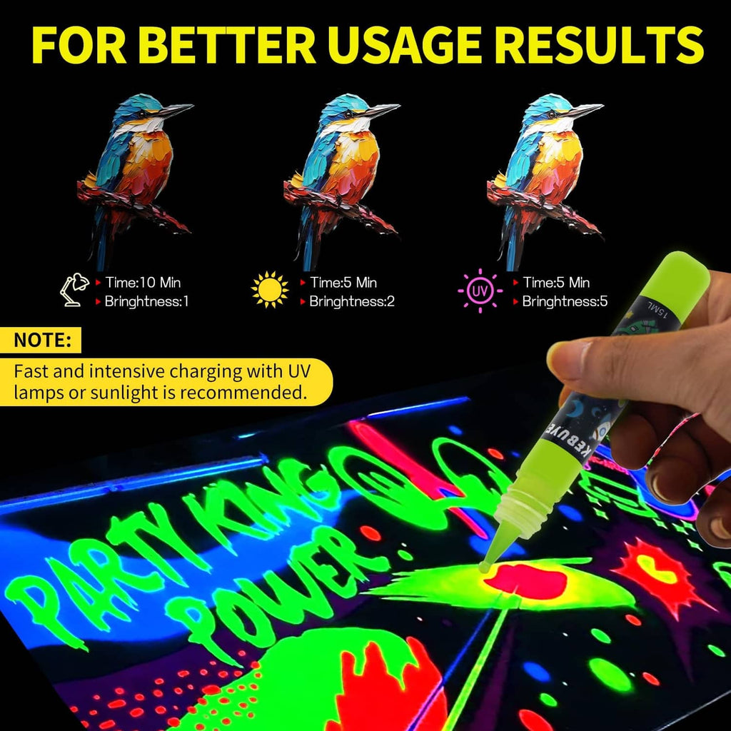 Glow acrylic paint creating vivid multicolor shapes on dark paper with a green bottle