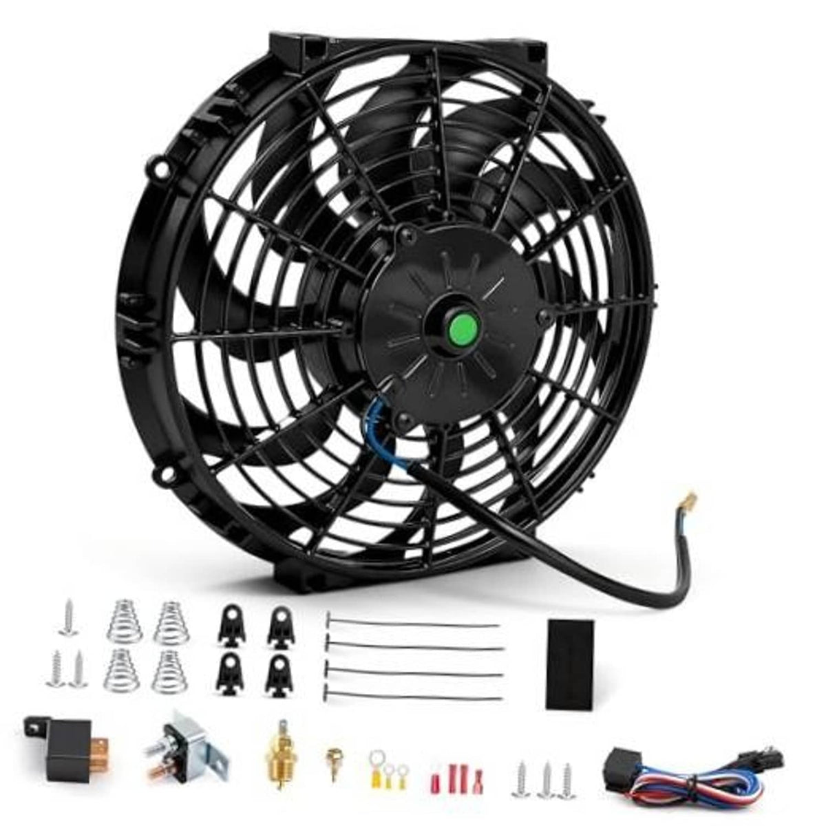 12-inch radiator cooling fan with black grille and green center hub