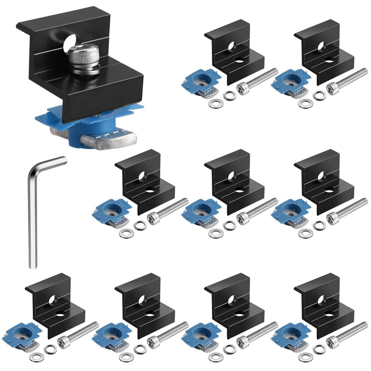 Assorted black solar panel end clamps with blue nuts, bolts, washers, and wrench