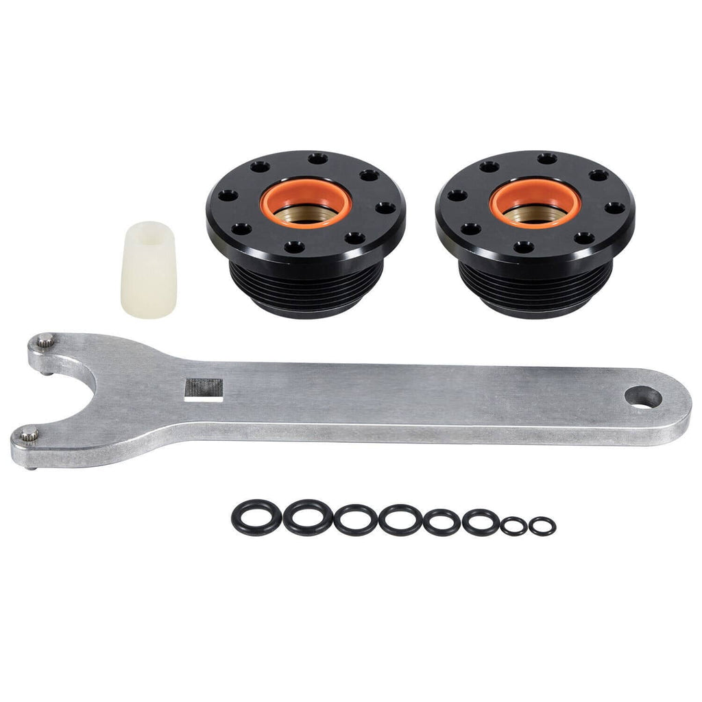 Hydraulic steering seals kit with two black housings, orange rings, tool, and O-rings
