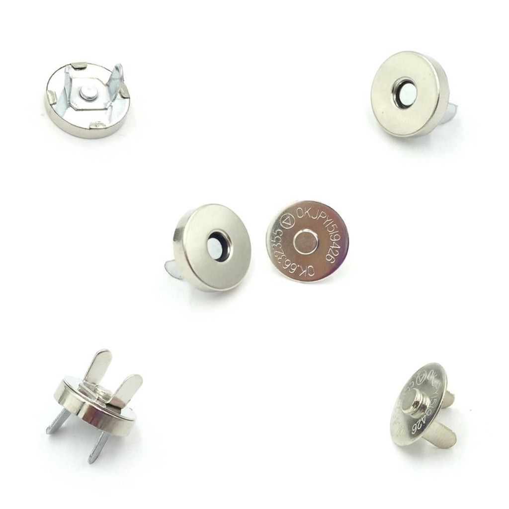 Magnetic purse snap clasps shown from multiple angles, round metal button pair