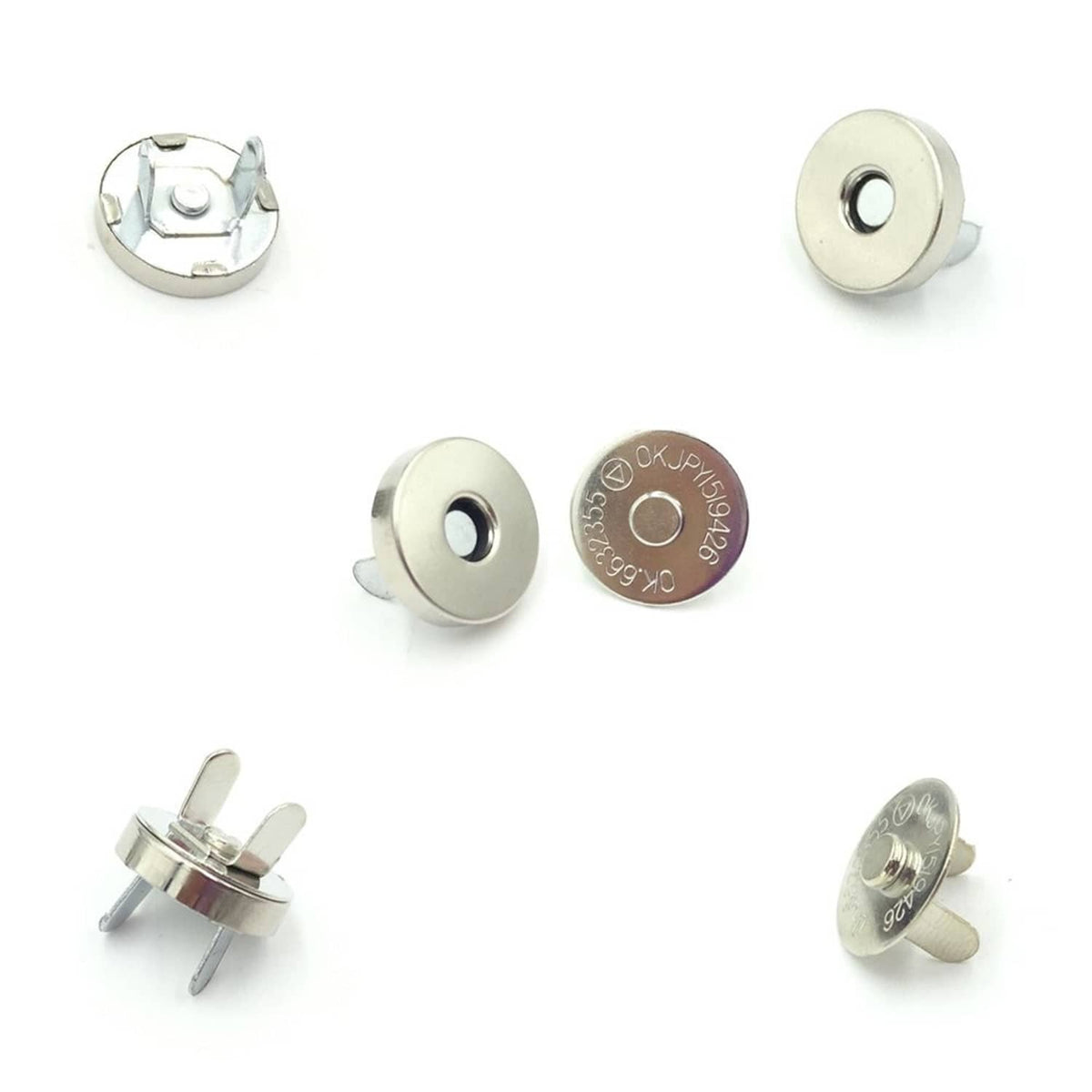 Magnetic purse snap clasps shown from multiple angles, round metal button pair