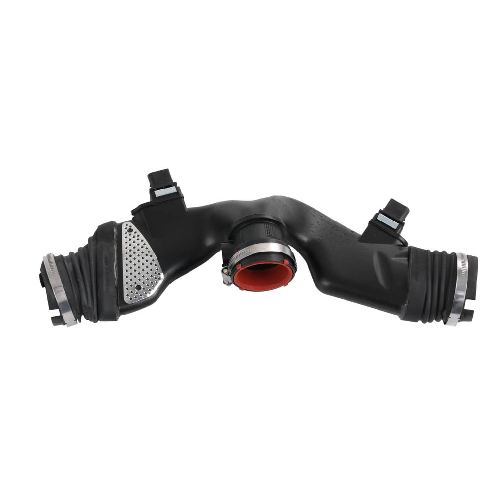 Air mass sensor with intake duct, black hose and red circular sensor housing, front view