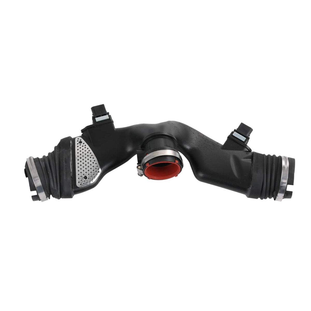 Air mass sensor with intake duct, black hose and red circular sensor housing, front view