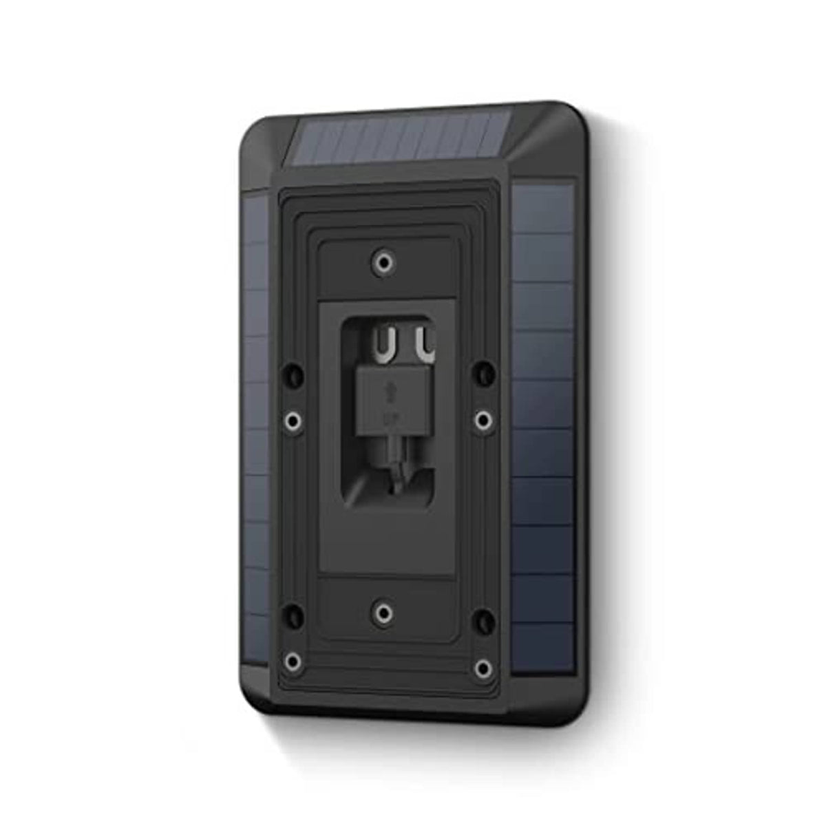 Back of solar-powered Ring doorbell charger with mounting bracket and ports