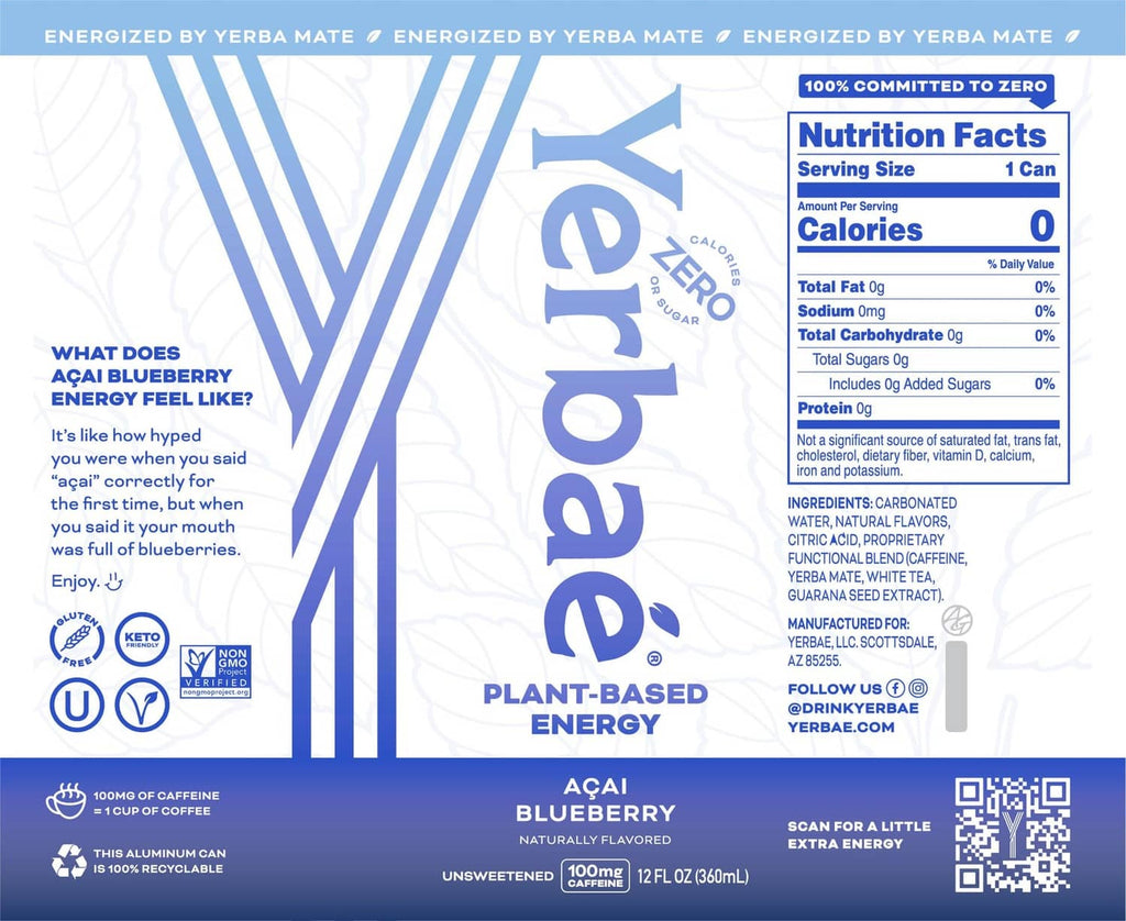 Yerbaé Açaí Blueberry plant-based energy seltzer can, 12 fl oz