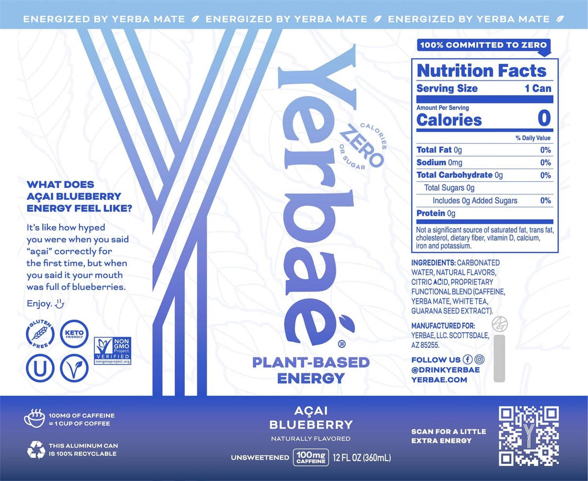 Yerbaé Açaí Blueberry plant-based energy seltzer can, 12 fl oz