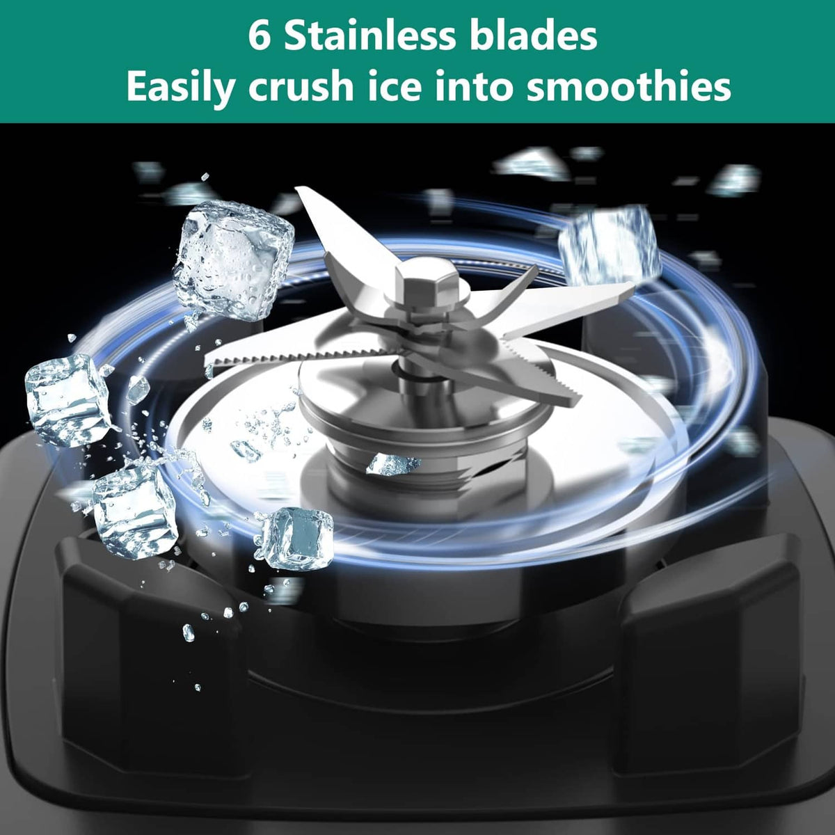 Black blender base with stainless blades spinning around ice cubes