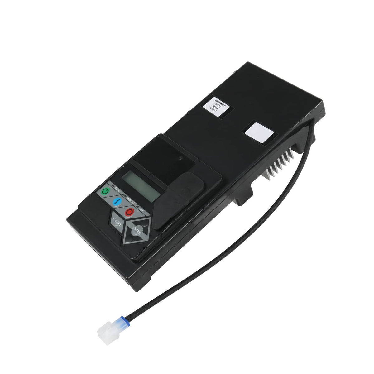 Black generator standby controller assembly angled view with LCD panel and cable