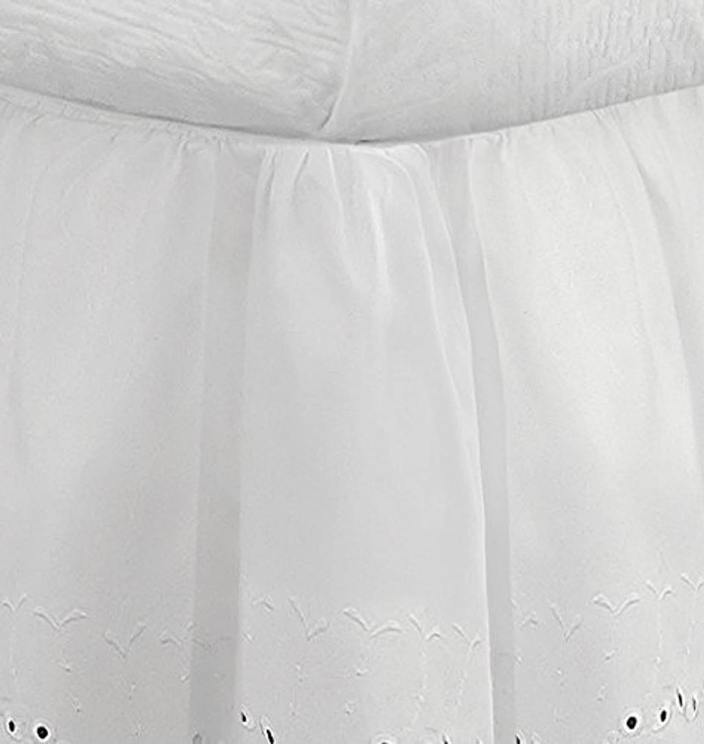White gathered bed skirt with vertical pleats and small eyelet cutwork at hem