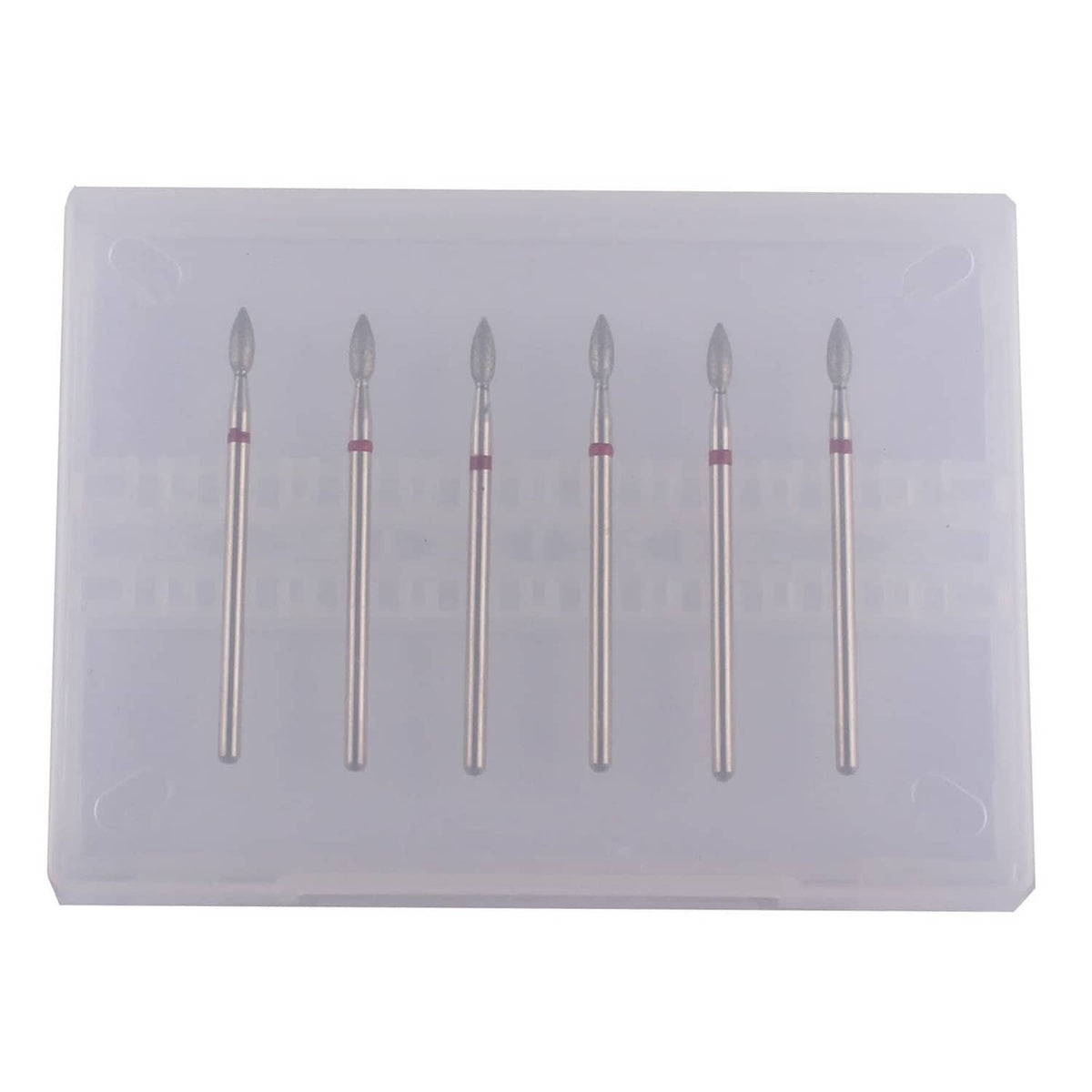 Clear storage case holding 6 flame-shaped fine grit nail drill bits with metal shafts