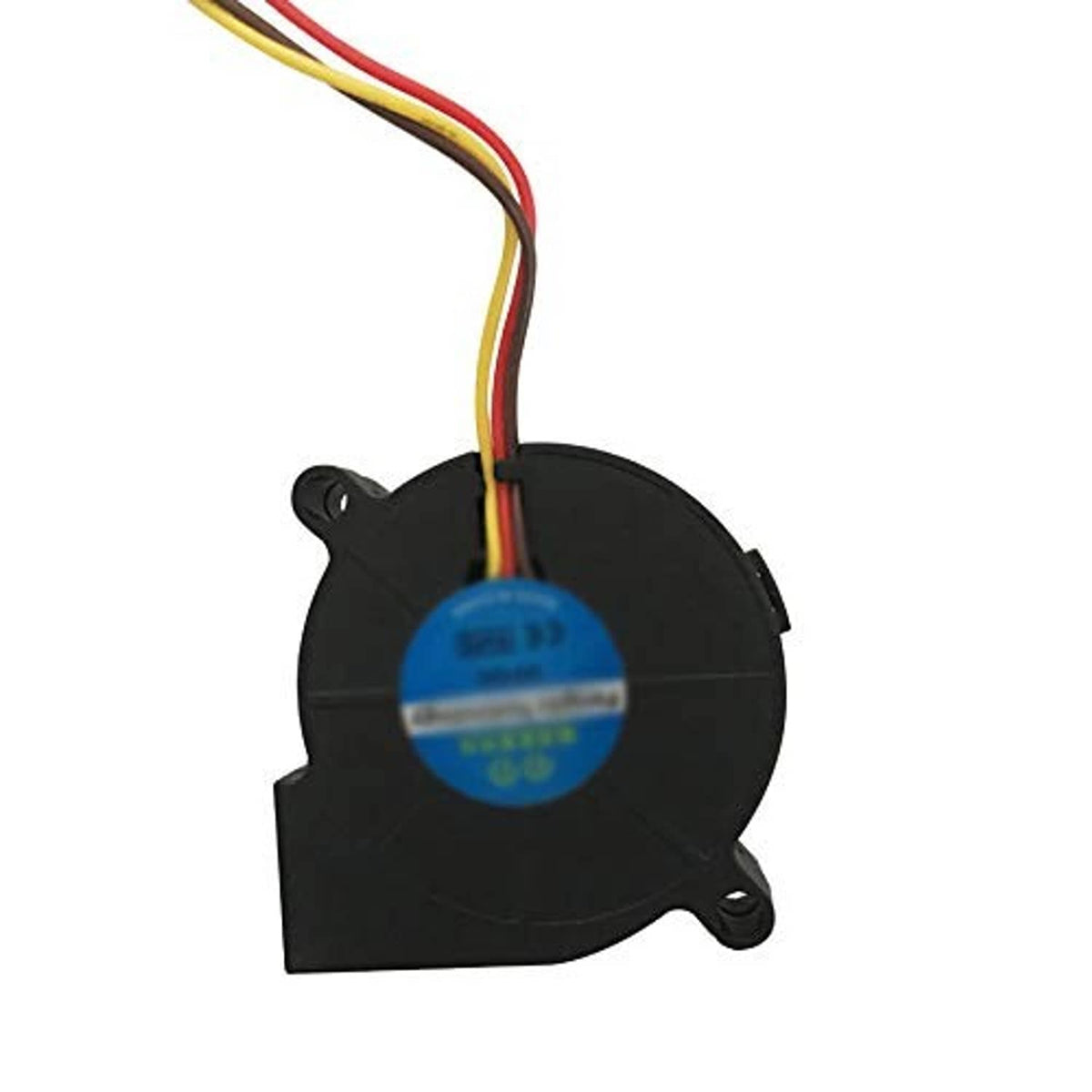 Black DC fan with blue label and three-wire cable attached