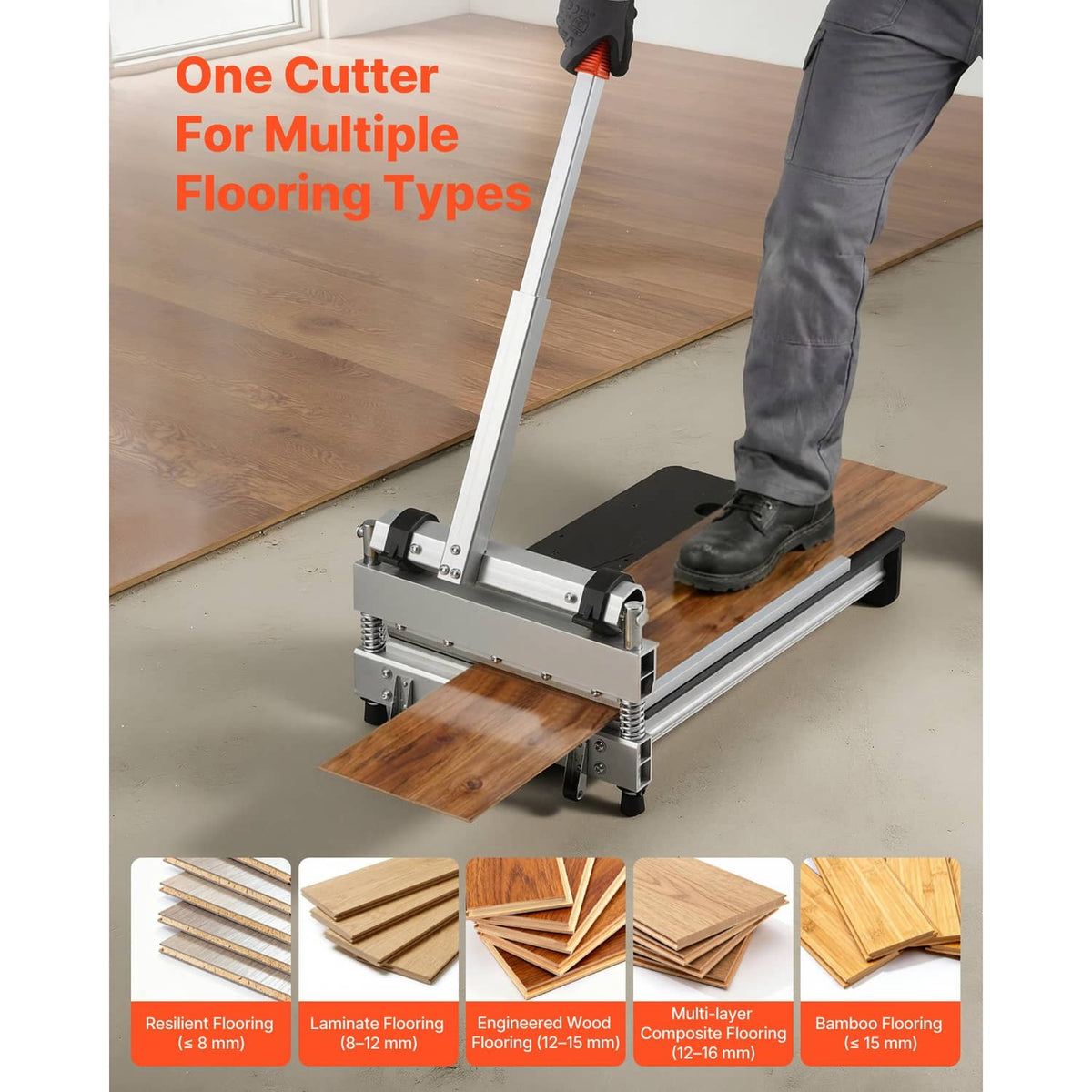 Vinyl floor cutter in use, cutting light wood-look flooring with blade guide