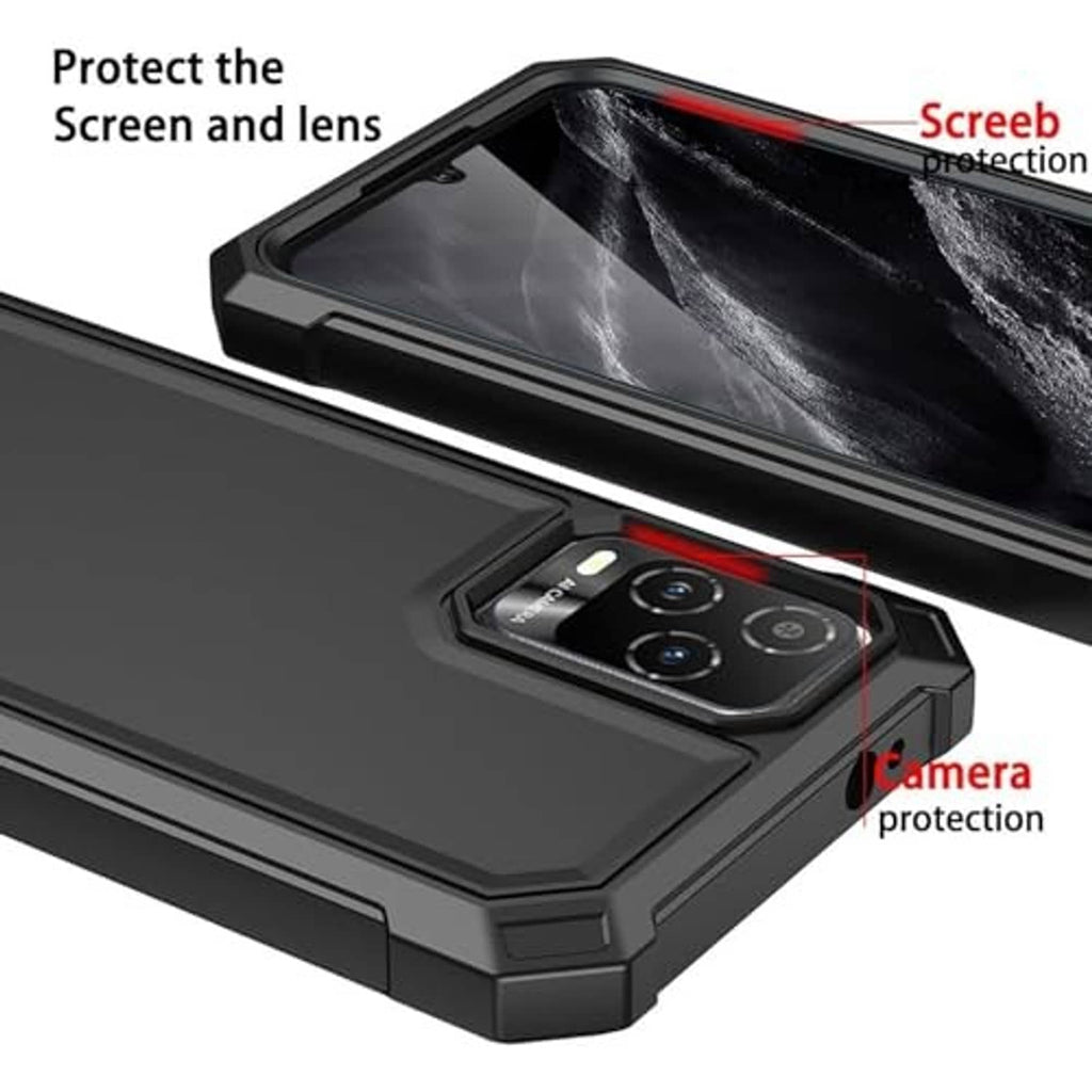 Rugged black phone case protecting screen and camera lenses with reinforced frame