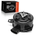 Black radiator fan motor with mounting bracket and electrical connector, metal shaft.