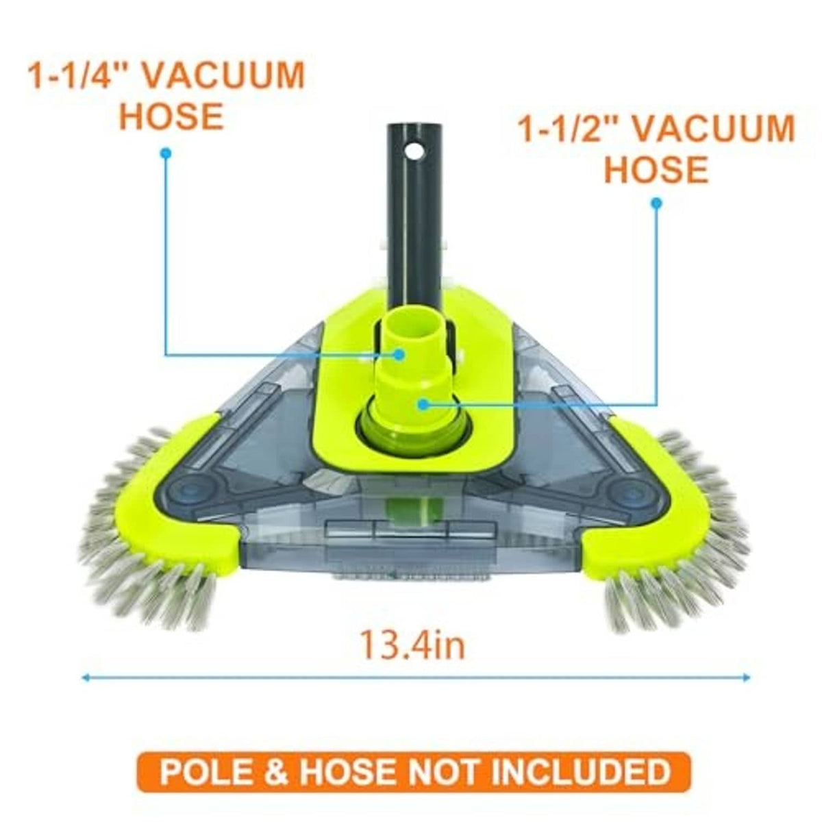 Pool vacuum head with central nozzle and gray bristles on a green base