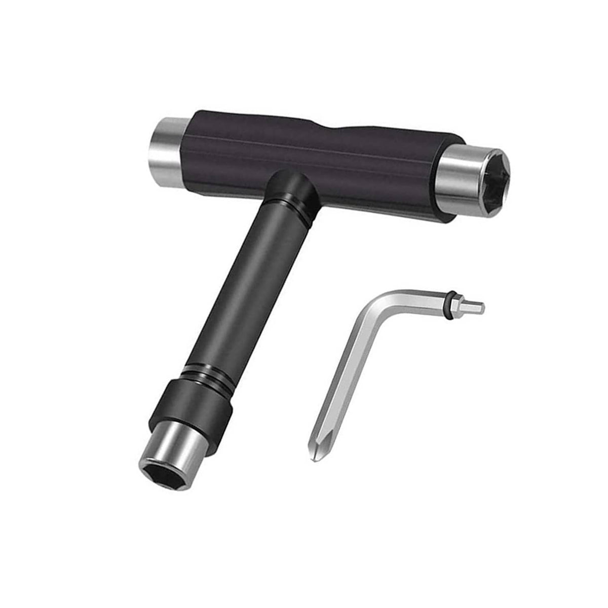 Black all-in-one skateboard T-tool with socket wrench and hex key
