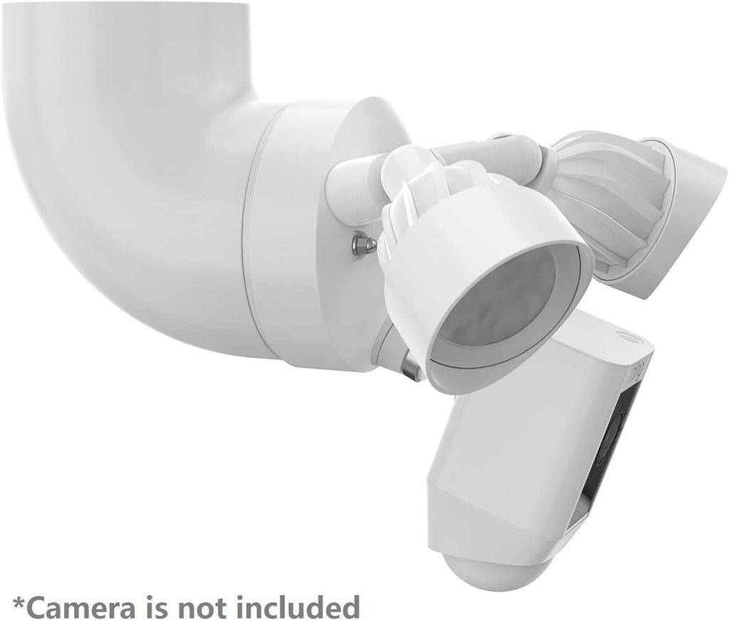 White floodlight camera eave mount with adjustable bracket and mounting base