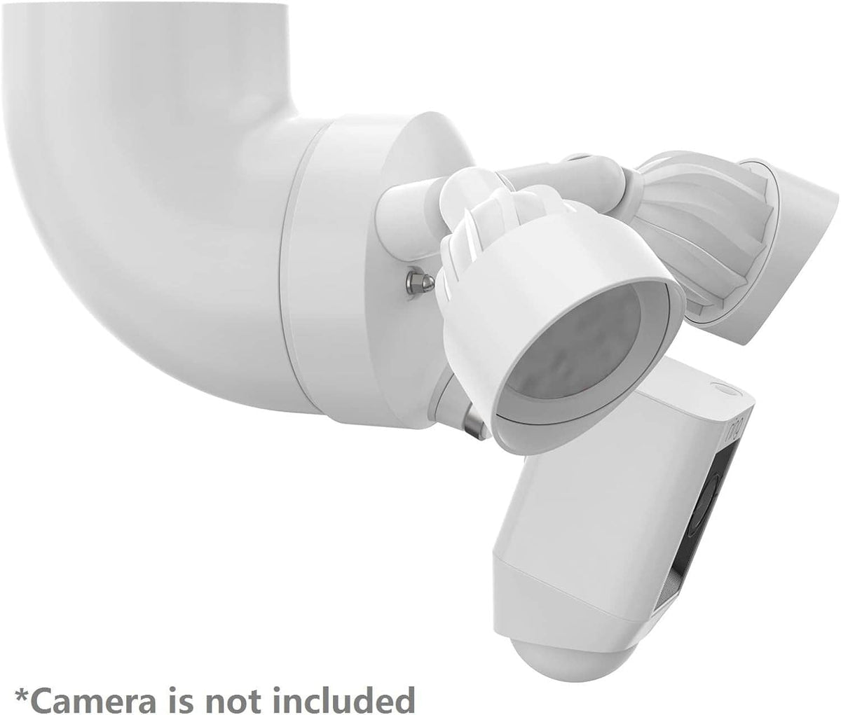 White floodlight camera eave mount with adjustable bracket and mounting base
