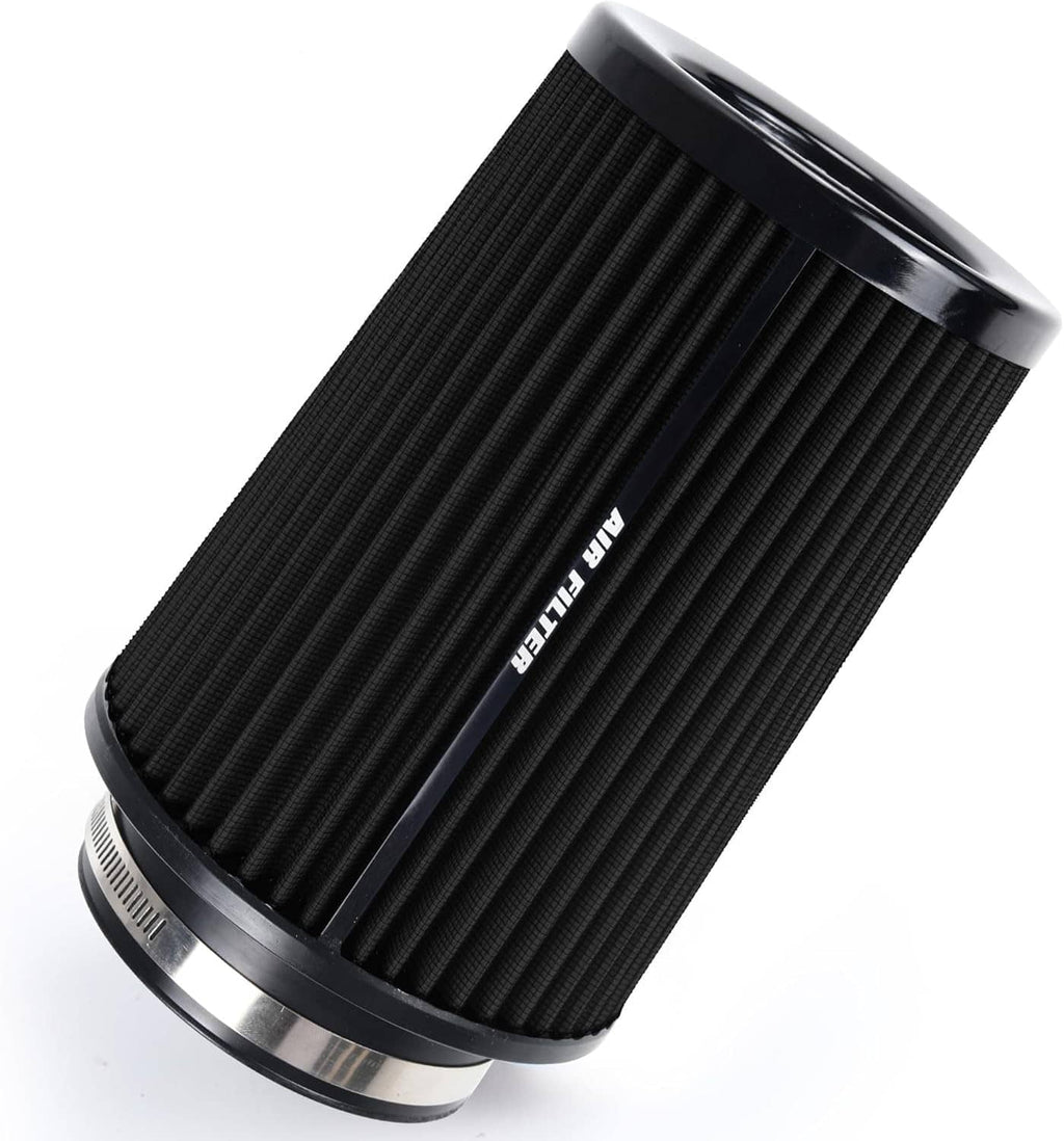 Black cylindrical air intake filter with pleated weave pattern and glossy black top cap