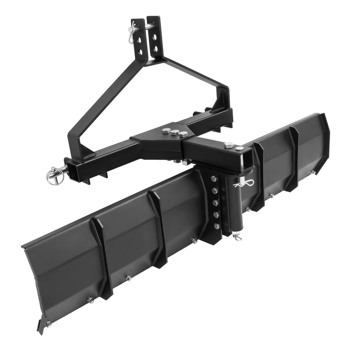 Black steel rear grading blade scraper with 3-point hitch frame and side mounting brackets