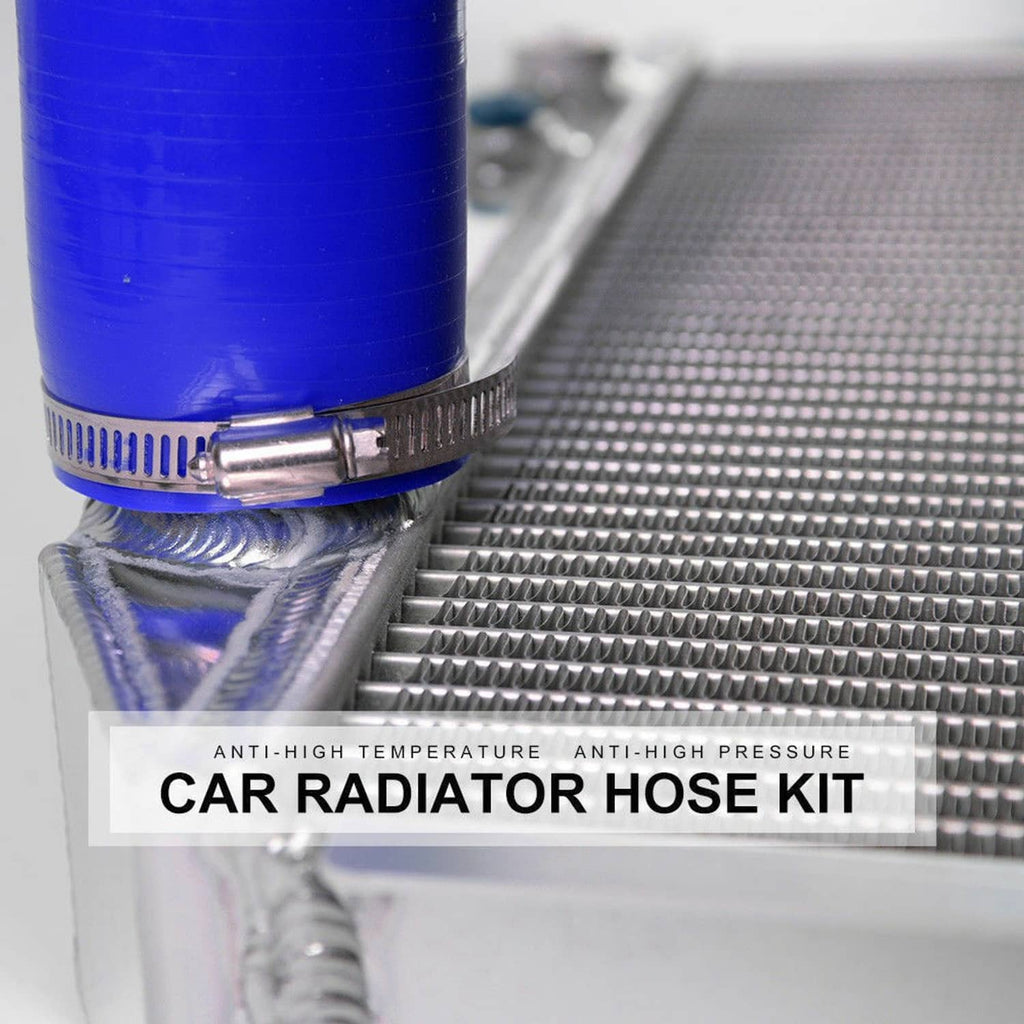 Blue radiator hose kit with stainless clamp mounted on a corrugated radiator core
