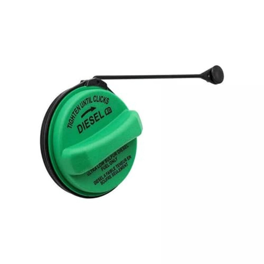 Green diesel fuel cap with black tether rod and round black mounting ring