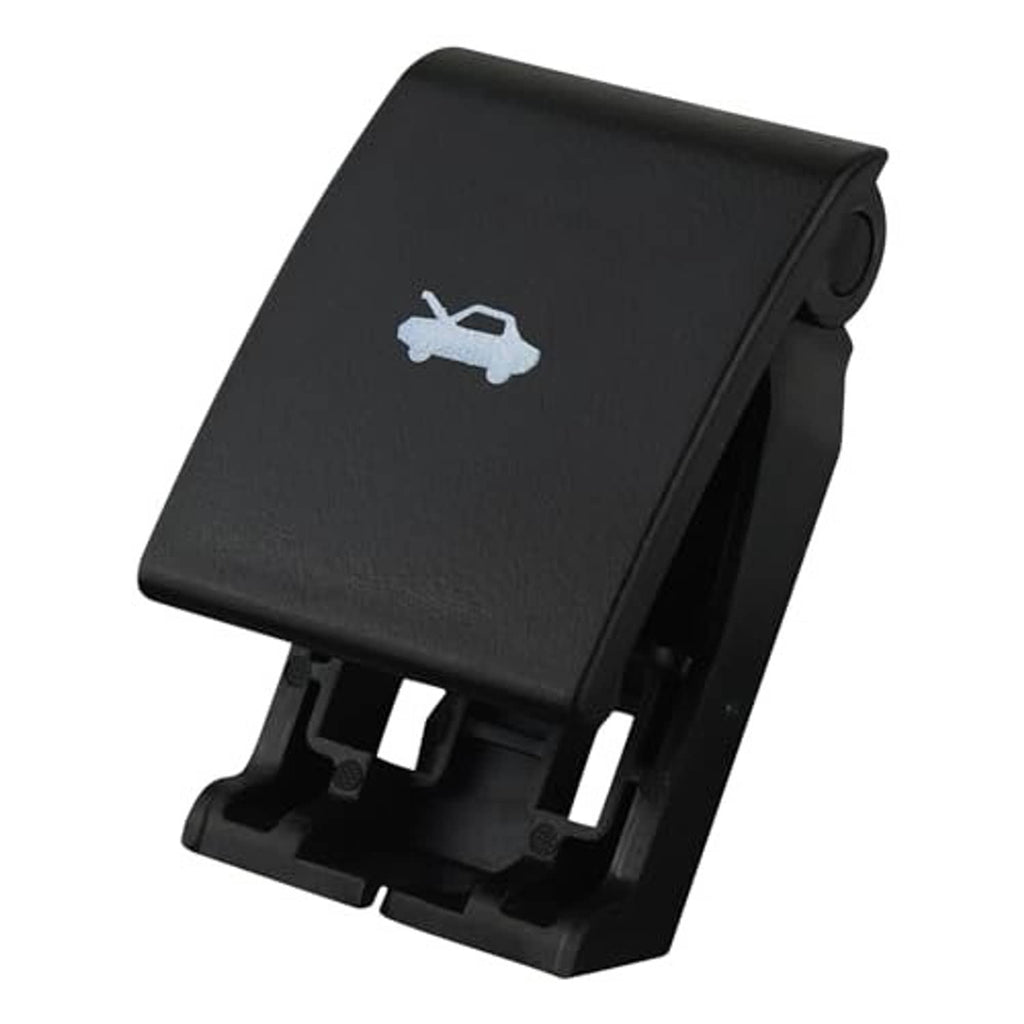 Black hood release pull handle with white car icon, angled side view