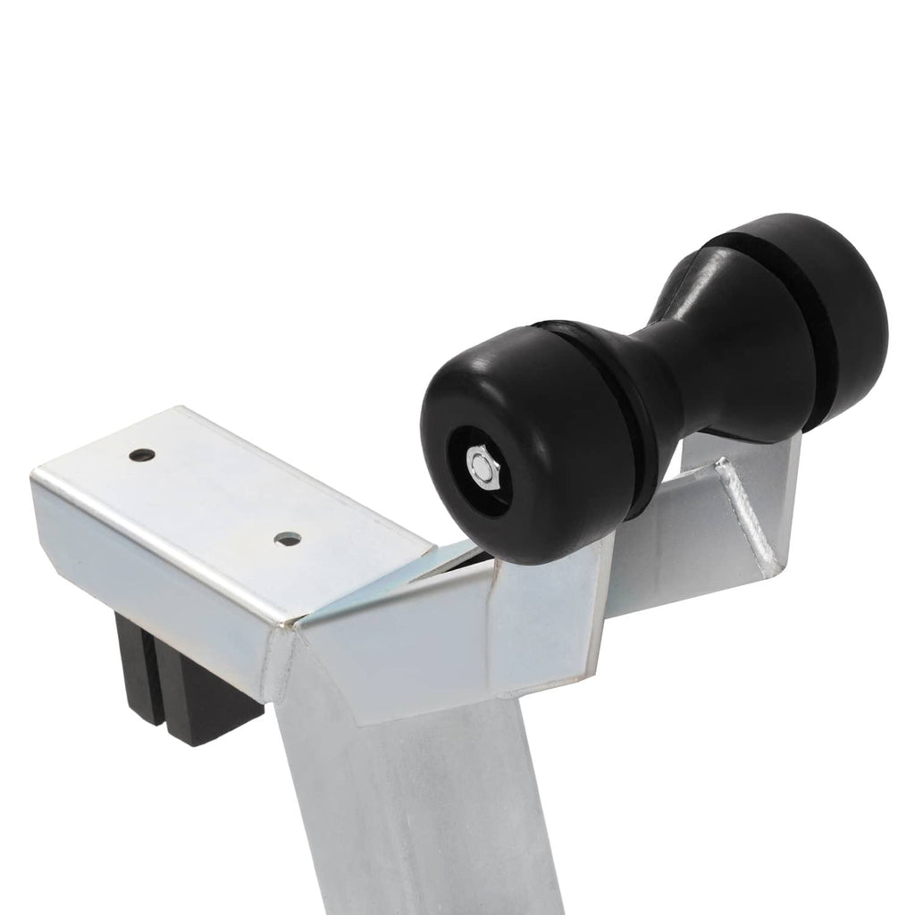 Boat trailer winch stand with black roller end cap and galvanized steel base plate