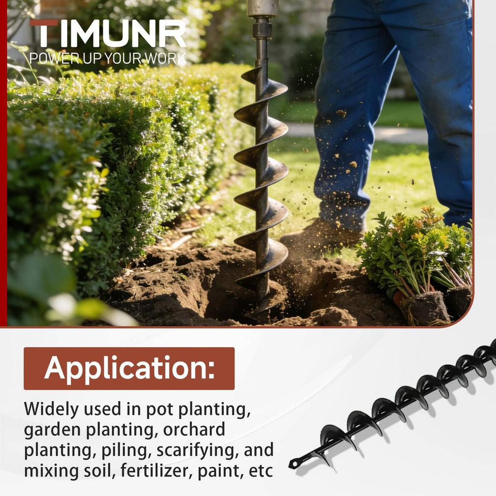 Black spiral auger drill bit drilling holes in garden soil