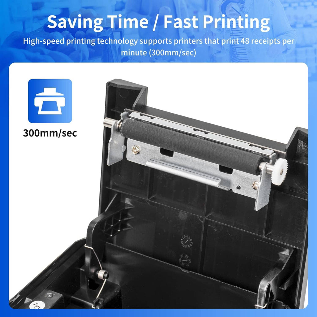 NetumScan black thermal receipt printer with open print mechanism and paper feed roller